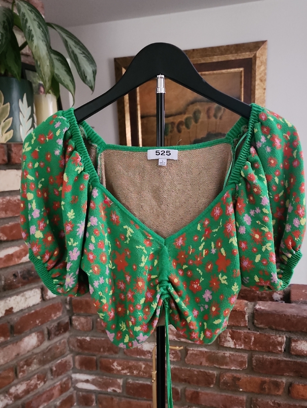 525 America Floral Puff Sleeve Crop Top Green Cottagecore Sweater Knit